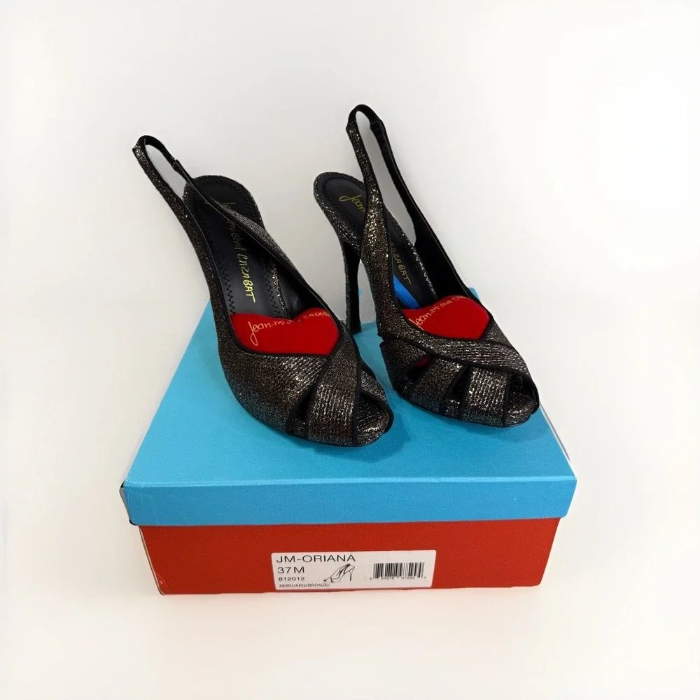 Jean-Michel Cazabat JM-Oriana Heels Black Bronze Glitter Slingback Peep Toe Sz 7